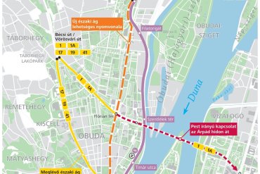 A Pacsirtamező utcai új óbudai villamoság lehetséges nyomvonala Kaszásdűlő és az Amfiteátrum között a BKK térképén