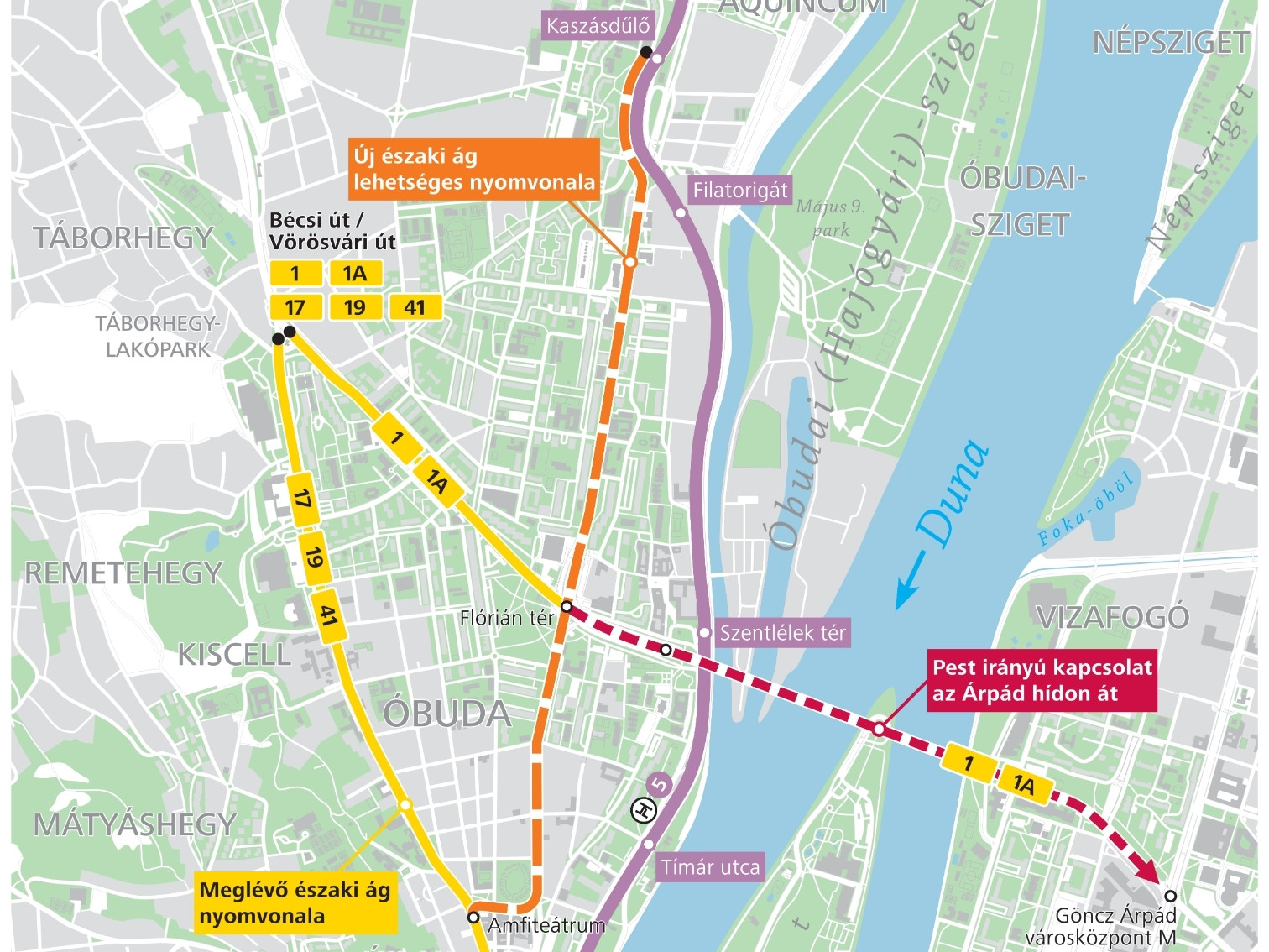 A Pacsirtamező utcai új óbudai villamoság lehetséges nyomvonala Kaszásdűlő és az Amfiteátrum között a BKK térképén
